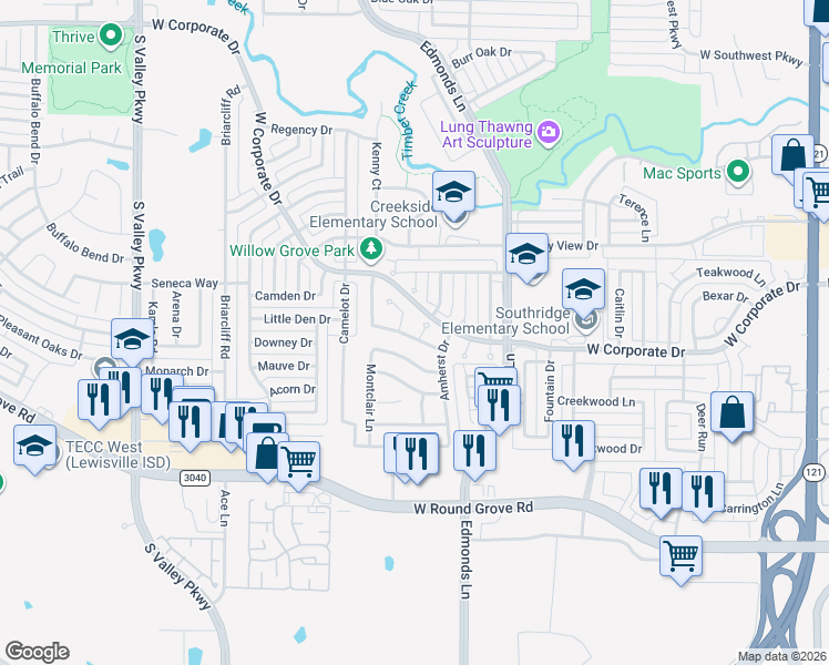 map of restaurants, bars, coffee shops, grocery stores, and more near 2076 Rushmore Court in Lewisville