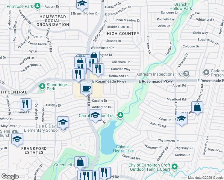 map of restaurants, bars, coffee shops, grocery stores, and more near 1911 Glenrose Ln in Carrollton