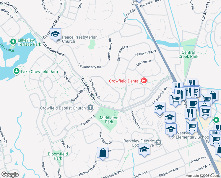 map of restaurants, bars, coffee shops, grocery stores, and more near 139 Bridgecreek Drive in Goose Creek