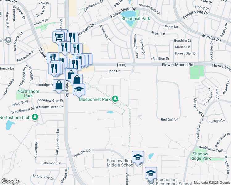 map of restaurants, bars, coffee shops, grocery stores, and more near 1819 Hill Ridge Drive in Flower Mound