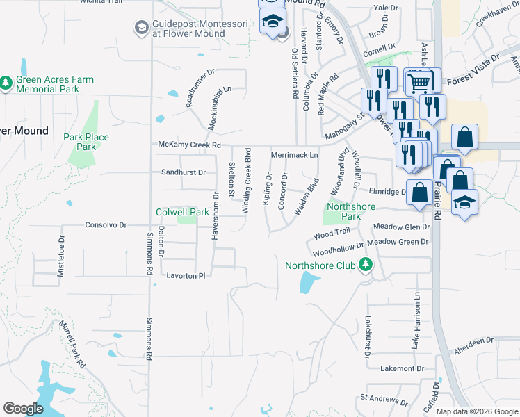 map of restaurants, bars, coffee shops, grocery stores, and more near 1901 Kipling Dr in Flower Mound