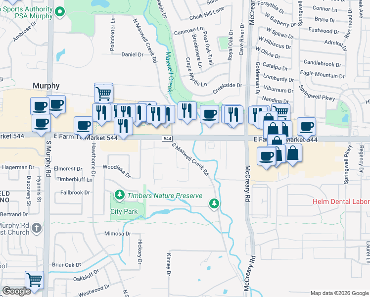 map of restaurants, bars, coffee shops, grocery stores, and more near 108 South Maxwell Creek Road in Plano