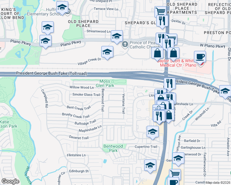 map of restaurants, bars, coffee shops, grocery stores, and more near 6039 Windbreak Trail in Dallas