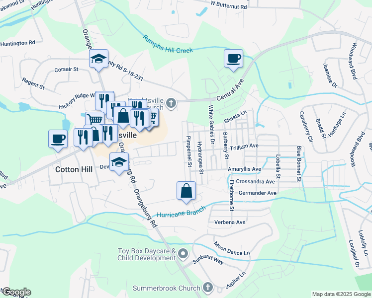 map of restaurants, bars, coffee shops, grocery stores, and more near 226 Pimpernel Street in Summerville