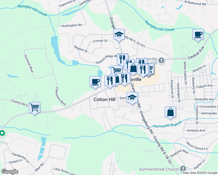 map of restaurants, bars, coffee shops, grocery stores, and more near 1630 Central Avenue in Summerville
