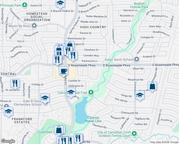 map of restaurants, bars, coffee shops, grocery stores, and more near 1910 Primrose Lane in Carrollton