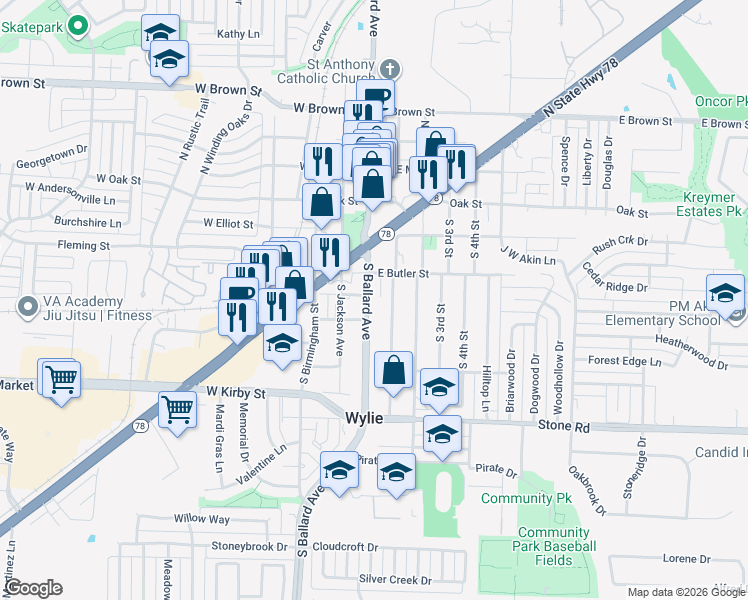 map of restaurants, bars, coffee shops, grocery stores, and more near 401 South Ballard Avenue in Wylie