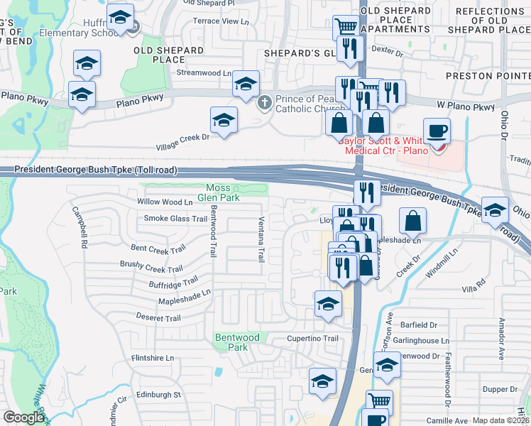 map of restaurants, bars, coffee shops, grocery stores, and more near 5404 Ventana Trail in Dallas