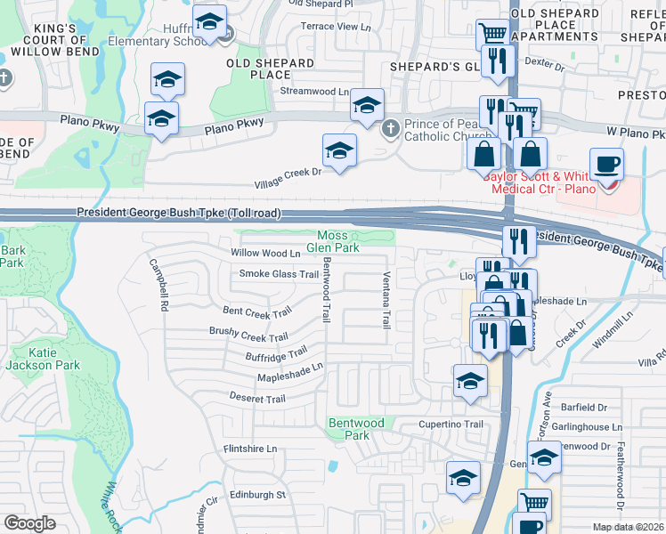 map of restaurants, bars, coffee shops, grocery stores, and more near 5320 Bentwood Trail in Dallas