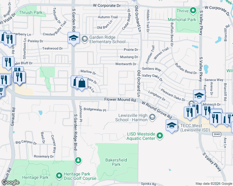 map of restaurants, bars, coffee shops, grocery stores, and more near 1909 Heliconia Drive in Flower Mound