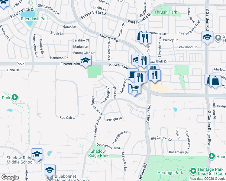 map of restaurants, bars, coffee shops, grocery stores, and more near 1817 Strait Lane in Flower Mound