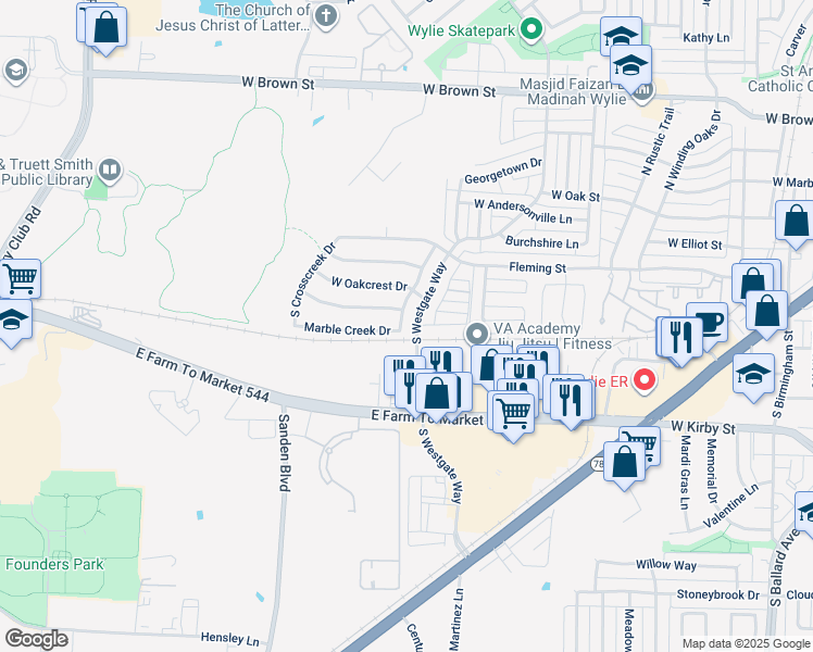 map of restaurants, bars, coffee shops, grocery stores, and more near 326 South Mesa Verde Way in Wylie
