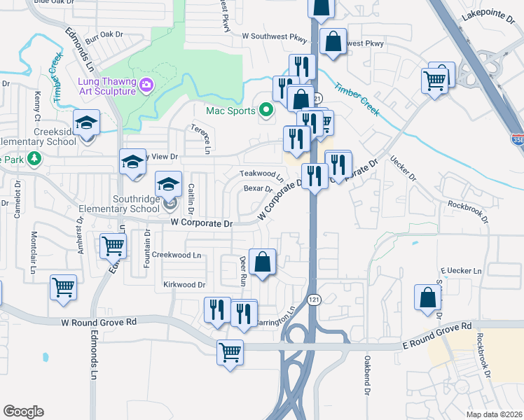 map of restaurants, bars, coffee shops, grocery stores, and more near 232 Heritage Hill Drive in Lewisville