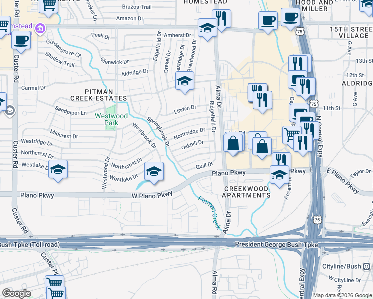 map of restaurants, bars, coffee shops, grocery stores, and more near 1313 Potomac Drive in Plano