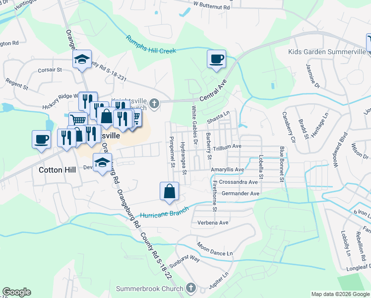 map of restaurants, bars, coffee shops, grocery stores, and more near 217 Hydrangea Street in Summerville