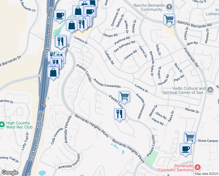 map of restaurants, bars, coffee shops, grocery stores, and more near 12047 Avenida Consentido in San Diego