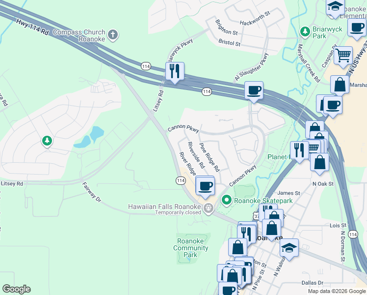 map of restaurants, bars, coffee shops, grocery stores, and more near 1331 Riverside Road in Roanoke