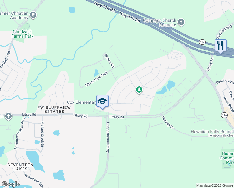 map of restaurants, bars, coffee shops, grocery stores, and more near 1021 West Bluff Way in Roanoke