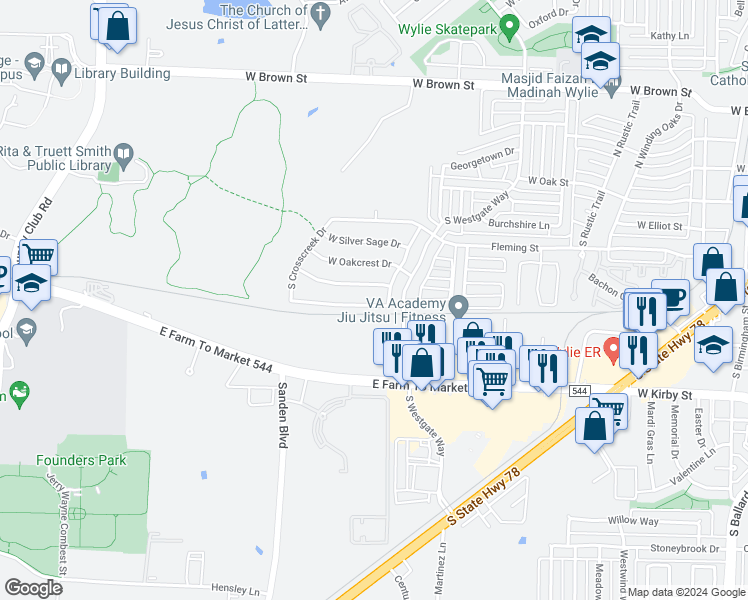 map of restaurants, bars, coffee shops, grocery stores, and more near 904 Marble Creek Drive in Wylie