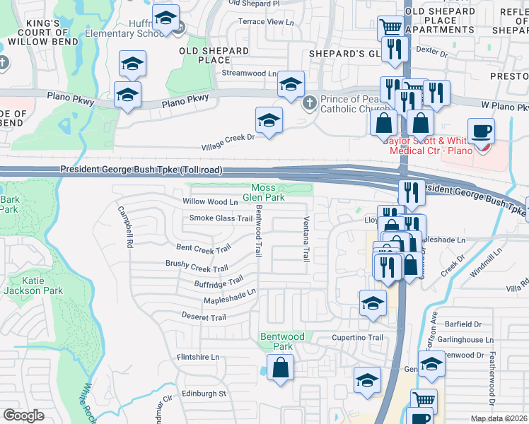 map of restaurants, bars, coffee shops, grocery stores, and more near 5320 Bentwood Trail in Dallas