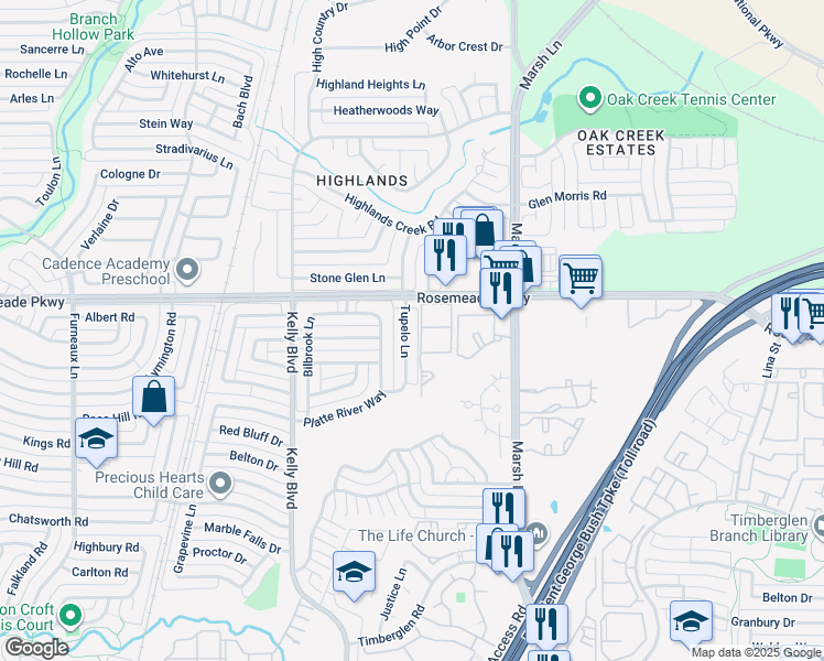 map of restaurants, bars, coffee shops, grocery stores, and more near 18920 Tupelo Lane in Dallas