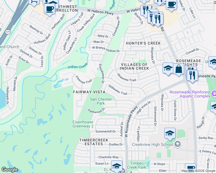 map of restaurants, bars, coffee shops, grocery stores, and more near 1229 Stillwater Trail in Carrollton