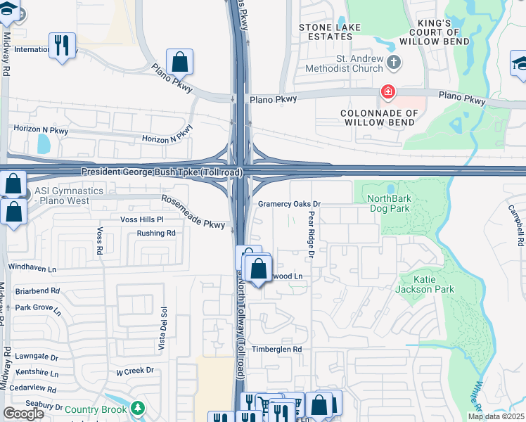 map of restaurants, bars, coffee shops, grocery stores, and more near 19002 Dallas Parkway in Dallas