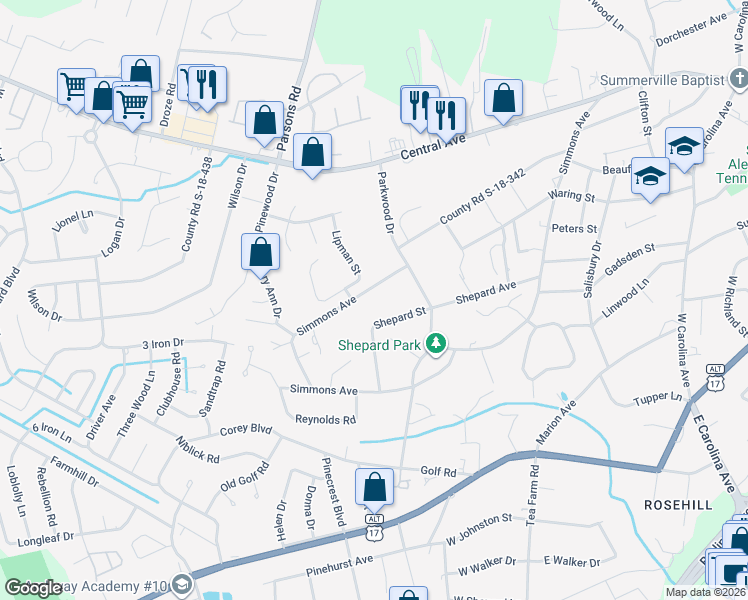 map of restaurants, bars, coffee shops, grocery stores, and more near 921 Simmons Avenue in Summerville