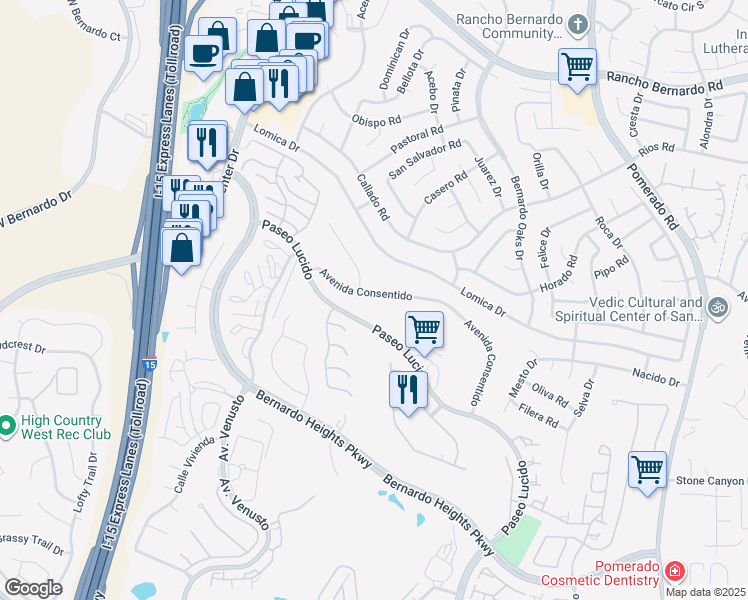 map of restaurants, bars, coffee shops, grocery stores, and more near 12047 Avenida Consentido in San Diego