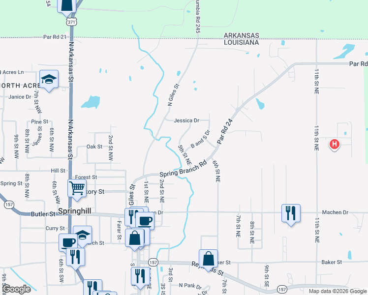 map of restaurants, bars, coffee shops, grocery stores, and more near 701 5th Street Northeast in Springhill