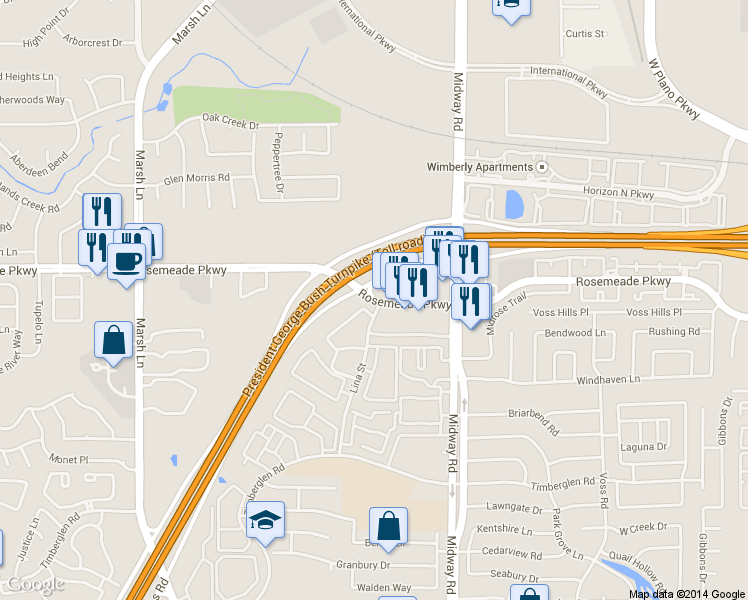 map of restaurants, bars, coffee shops, grocery stores, and more near 3866 Rosemeade Parkway in Dallas
