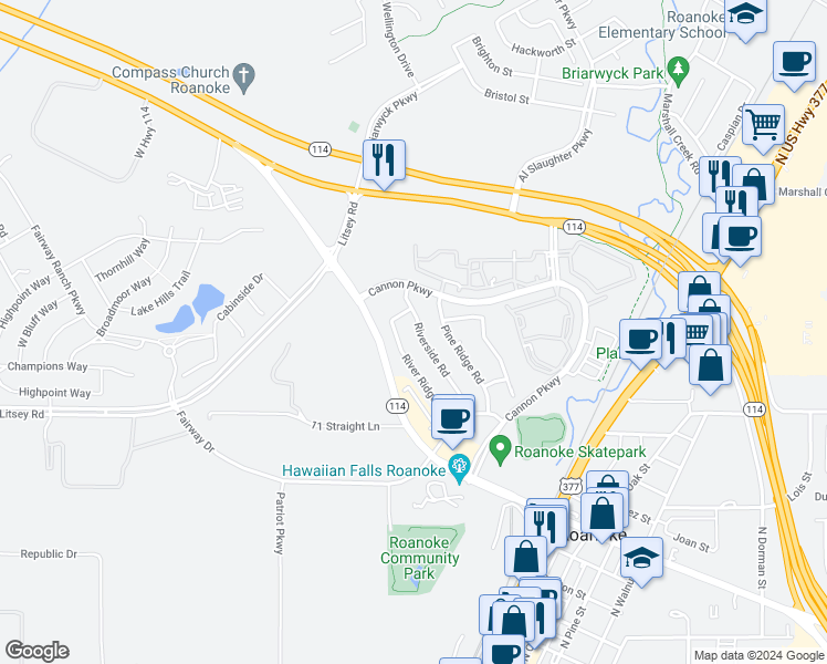 map of restaurants, bars, coffee shops, grocery stores, and more near 1331 Riverside Road in Roanoke