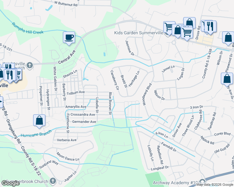 map of restaurants, bars, coffee shops, grocery stores, and more near 107 Blue Bonnet Street in Summerville