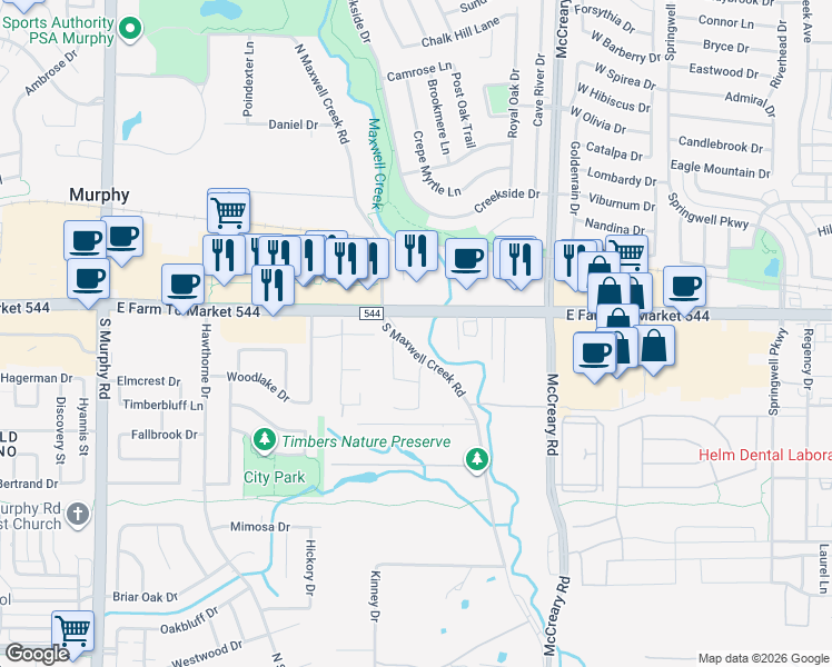 map of restaurants, bars, coffee shops, grocery stores, and more near 108 South Maxwell Creek Road in Plano