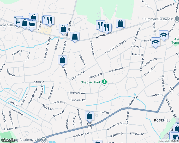 map of restaurants, bars, coffee shops, grocery stores, and more near 214 Shepard Street in Summerville