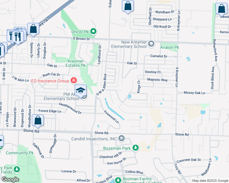 map of restaurants, bars, coffee shops, grocery stores, and more near 300 Falcons Way in Wylie