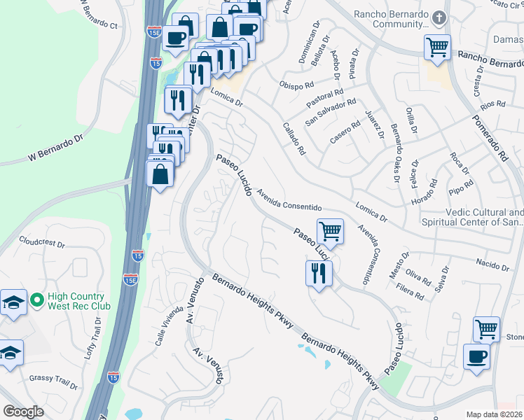 map of restaurants, bars, coffee shops, grocery stores, and more near 11979 Avenida Consentido in San Diego