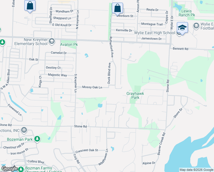 map of restaurants, bars, coffee shops, grocery stores, and more near 233 Duck Blind Avenue in Wylie