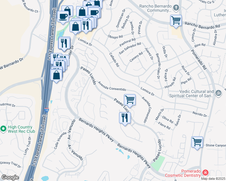 map of restaurants, bars, coffee shops, grocery stores, and more near 12035 Avenida Consentido in San Diego