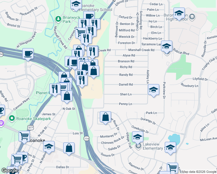 map of restaurants, bars, coffee shops, grocery stores, and more near 305 Darrell Road in Roanoke