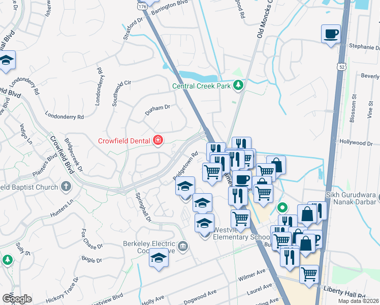 map of restaurants, bars, coffee shops, grocery stores, and more near 88 Bridgetown Road in Goose Creek