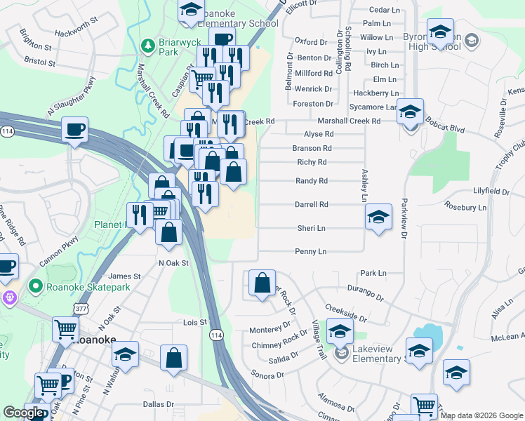 map of restaurants, bars, coffee shops, grocery stores, and more near 305 Darrell Road in Roanoke