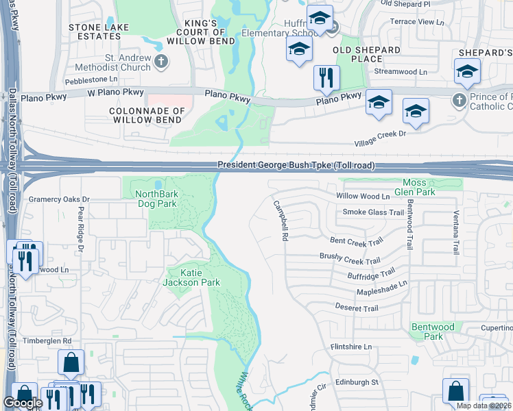 map of restaurants, bars, coffee shops, grocery stores, and more near 5447 Willow Wood Lane in Dallas