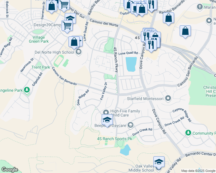 map of restaurants, bars, coffee shops, grocery stores, and more near 9916 Fox Meadow Road in San Diego