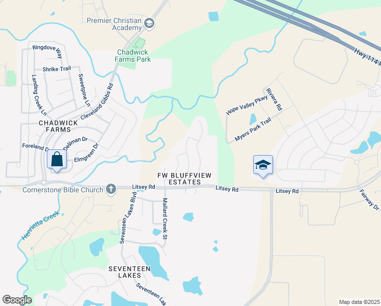map of restaurants, bars, coffee shops, grocery stores, and more near 15465 Bluffdale Drive in Roanoke