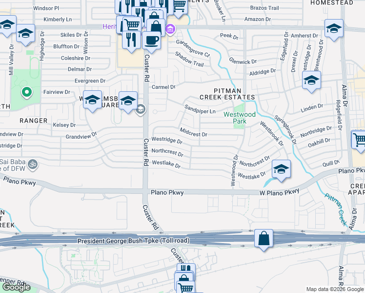 map of restaurants, bars, coffee shops, grocery stores, and more near 1904 Westridge Drive in Plano
