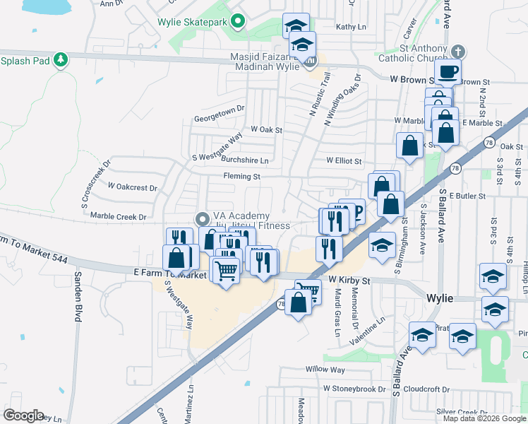 map of restaurants, bars, coffee shops, grocery stores, and more near 333 South Stephen Street in Wylie