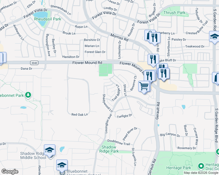 map of restaurants, bars, coffee shops, grocery stores, and more near 1608 Bar Harbor Lane in Flower Mound