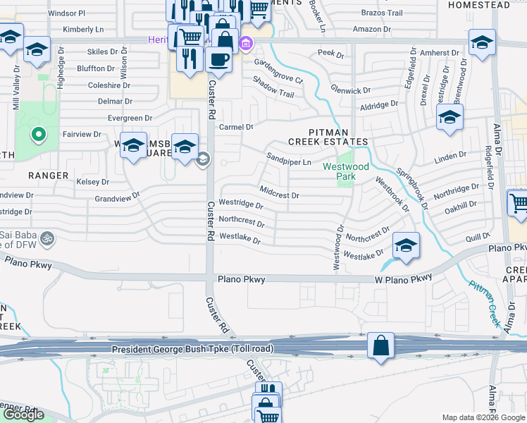 map of restaurants, bars, coffee shops, grocery stores, and more near 1904 Westridge Drive in Plano