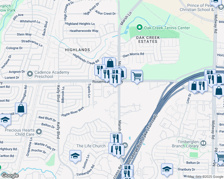 map of restaurants, bars, coffee shops, grocery stores, and more near 18949 Marsh Lane in Dallas